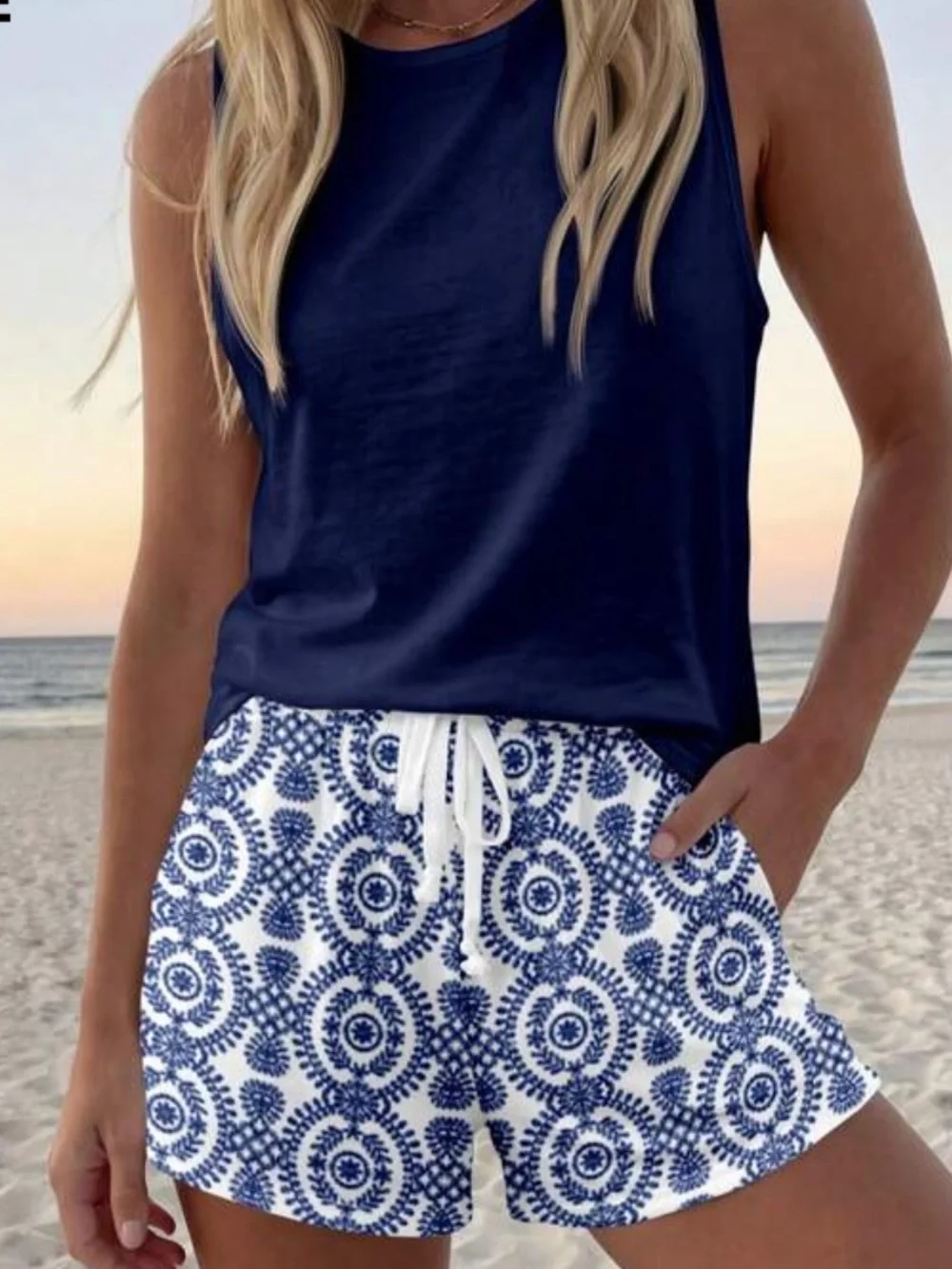 Navy Blue Tank with White & Navy Patterned Drawstring Shorts